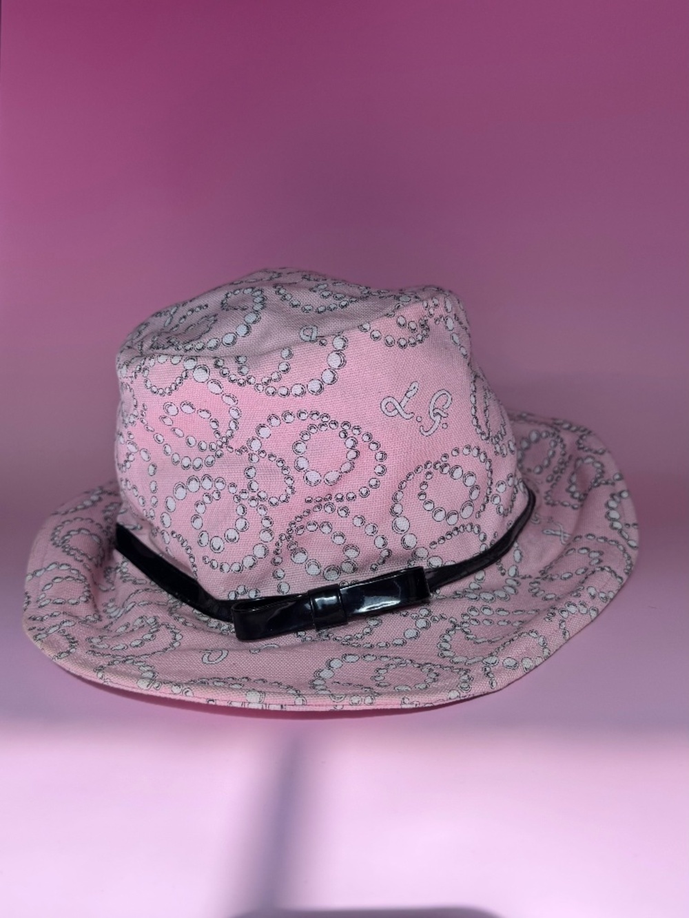 Lulu Guinness London Pink Pearl Print Hat with Black Bow Band